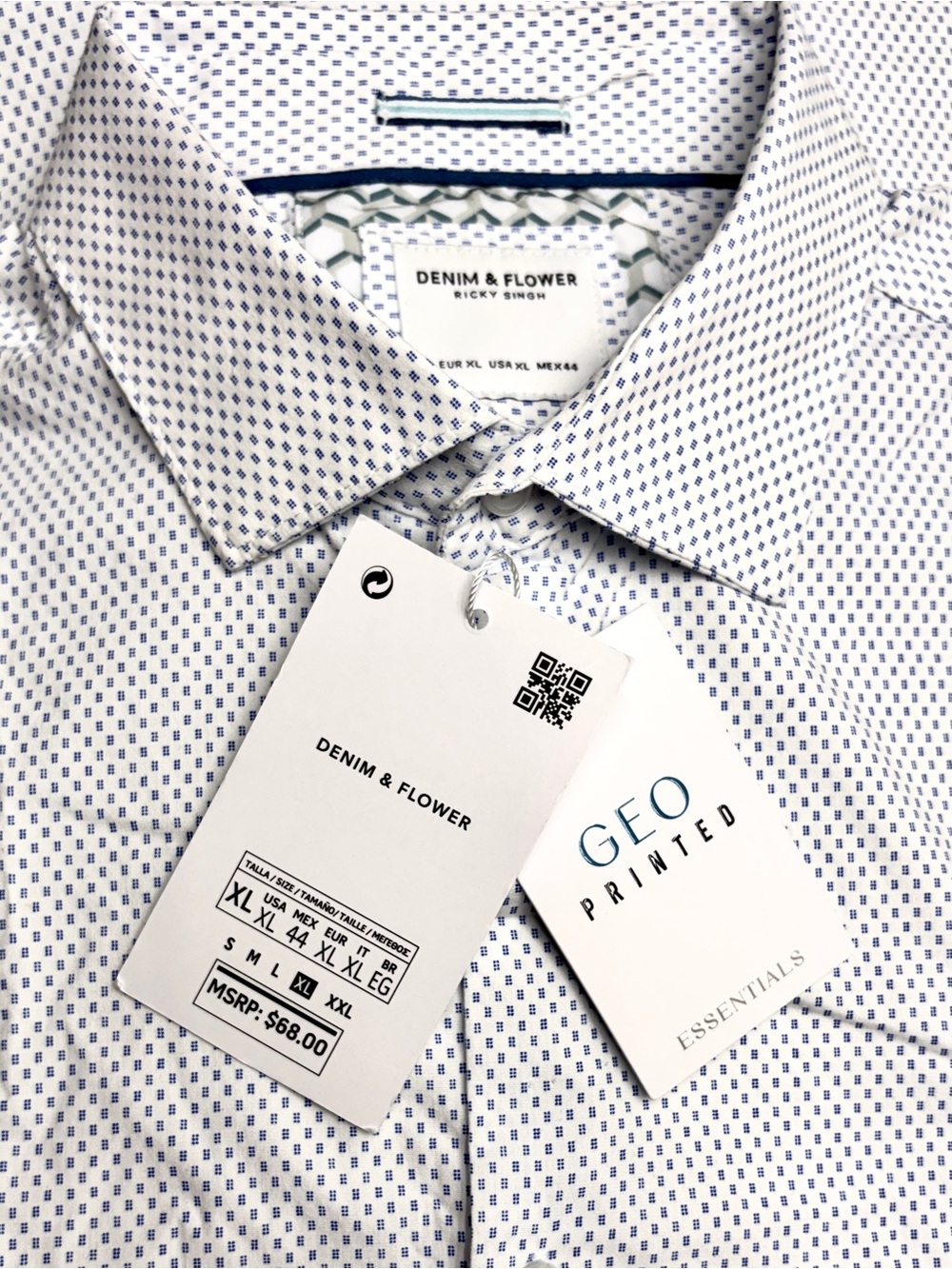 Denim & Flower Ricky Singh Geometric Button Up Shirt Men’s XL White NWT Short Sl